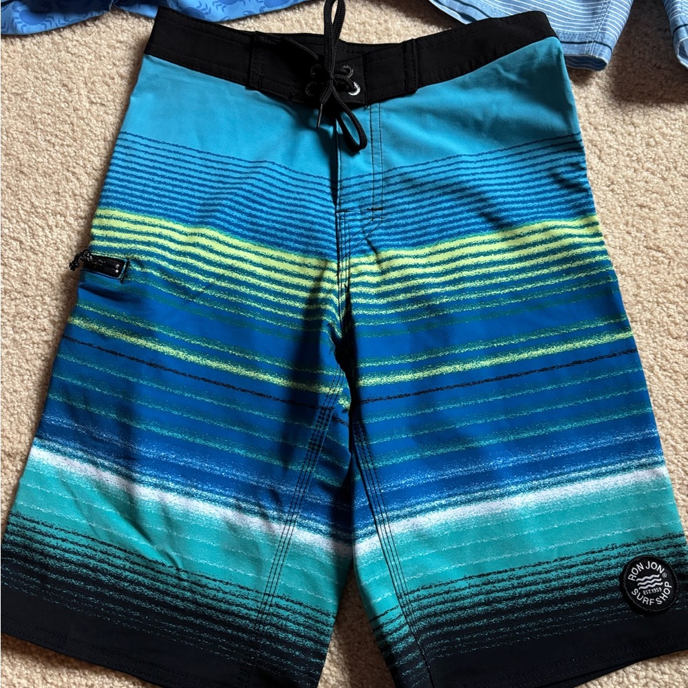 Ron Jon Blue and Green Swim Trunks with Striped Design